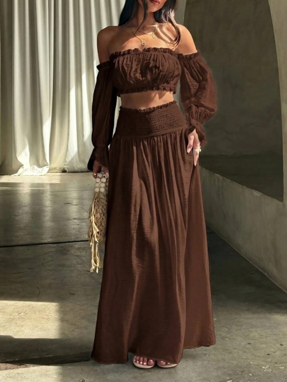 Chocolate Brown Off-Shoulder Crop Top & Maxi Skirt Set